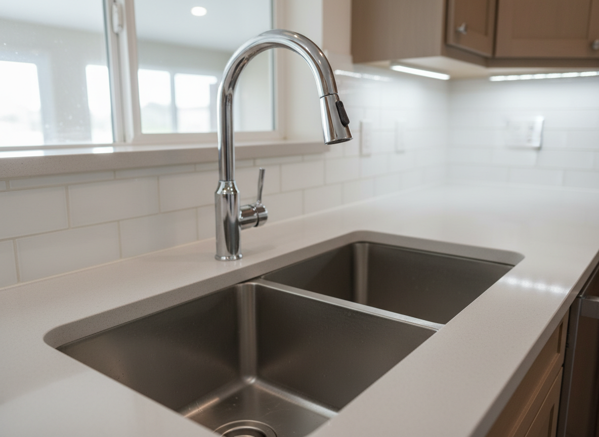 A close-up, photographic image of a stainless steel kitchen sink and faucet, polished to a mirror-like shine with zero water spots or smudges. The sink basin is dry and immaculate, with the drain cover aligned perfectly and the surrounding light gray quartz countertop spotless and streak-free. Overhead recessed lighting and cool under-cabinet LEDs create crisp highlights on the metal surfaces and soft, controlled shadows along the edges, emphasizing cleanliness and precision. Shot from a slightly angled top-down perspective with shallow depth of field, the sharp focus on the faucet contrasts against a gently blurred, tidy kitchen background, conveying a professional deep-cleaning service’s attention to detail.