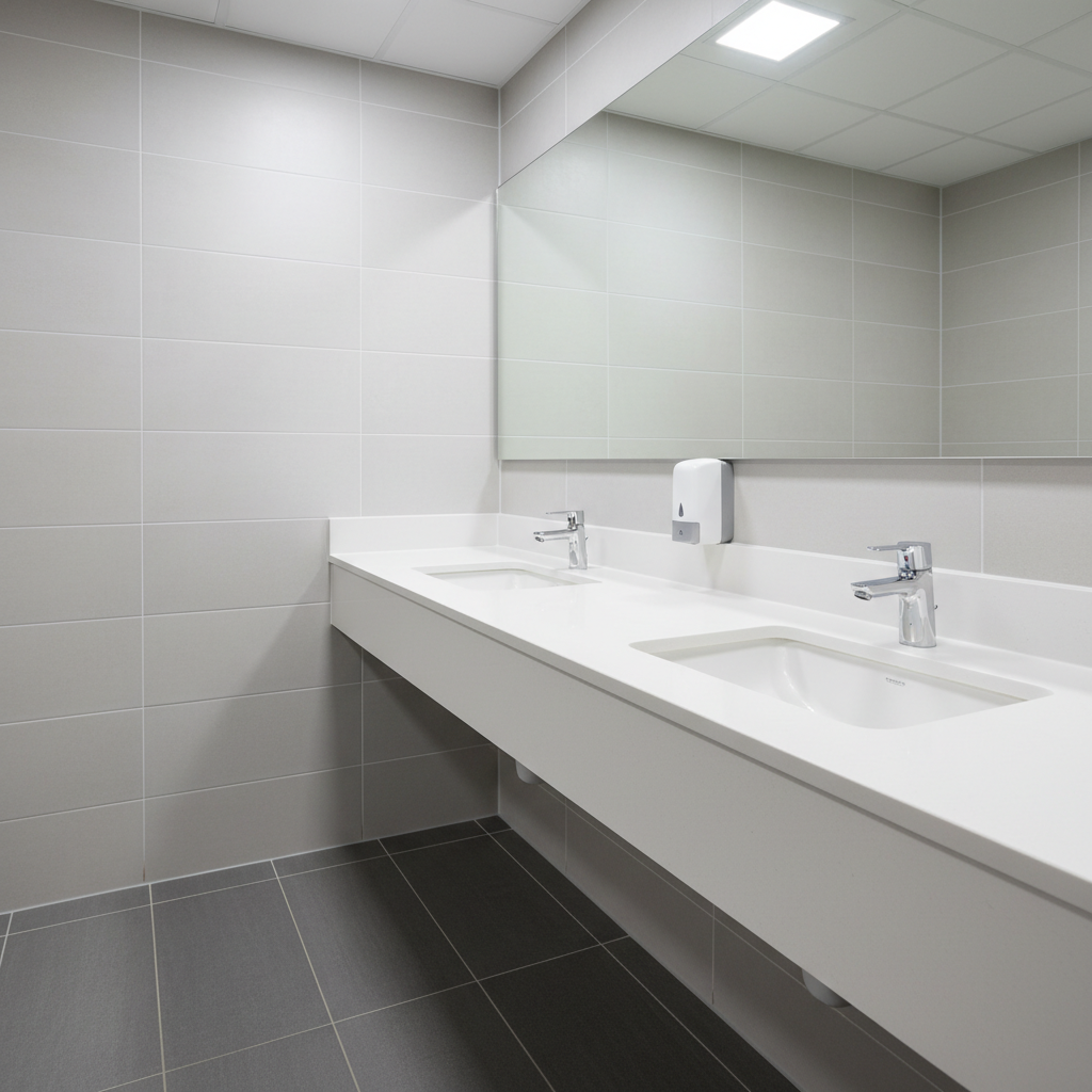 A close-up, photographic view of a commercial restroom with gleaming white ceramic sinks and a solid-surface countertop free of water spots. The chrome faucets and soap dispensers are polished to a reflective shine. Large, light-gray wall tiles and smooth, darker floor tiles look freshly scrubbed, with grout lines bright and uniform. Cool, bright overhead lighting creates crisp highlights and gentle, controlled shadows, reinforcing a sense of hygiene and sanitation. Captured at eye level with a mild wide-angle lens, the composition includes a spotless mirror that subtly reflects the opposite wall without streaks. The atmosphere is clinically clean and reassuring, perfect for emphasizing professional washroom and facility cleaning services.