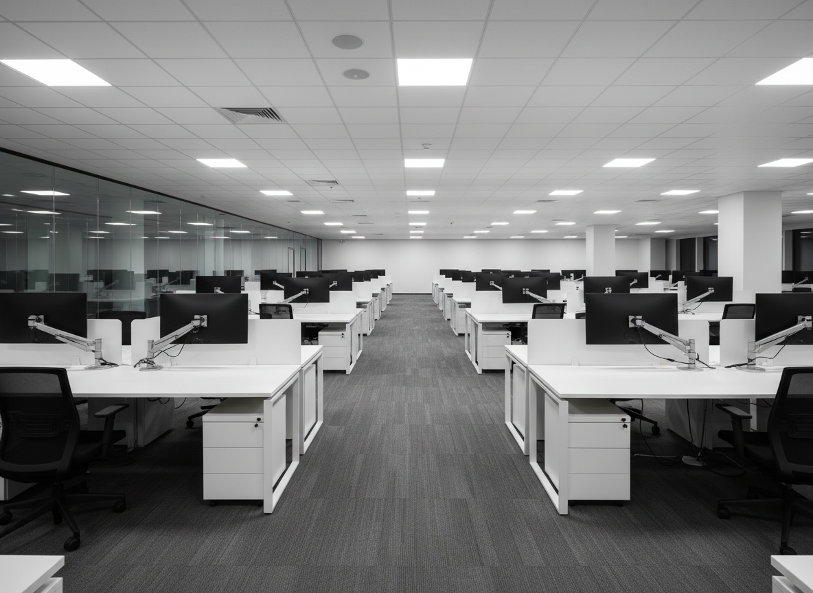 A large open-plan commercial office at night, captured in photographic realism, with rows of workstations perfectly organized, monitors dust-free, and no clutter on any desks. Low-pile charcoal carpet appears freshly vacuumed with subtle, uniform lines. Overhead LED panel lights cast bright, even illumination, creating a crisp, neutral ambience with minimal shadows. Glass partitions along one side are spotless and streak-free, reflecting the orderly grid of ceiling lights. The image is shot from a slightly elevated wide angle, showing depth and symmetry down the central aisle. The mood is highly professional and efficient, ideal for showcasing after-hours office cleaning that prepares the workspace for a productive day.