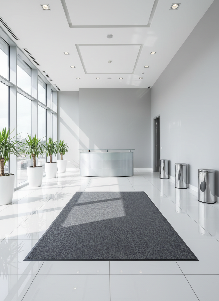A spotless, modern office reception area with gleaming porcelain tile floors and a glass-topped reception desk, every surface immaculately clean and free of clutter. A large, dark gray entrance mat sits perfectly aligned, and a row of polished metal waste bins gleam along one wall. Natural daylight pours through floor-to-ceiling windows, creating crisp reflections on the floor and faint, orderly shadows from potted plants. The photographic realism captures a wide, eye-level view with sharp focus from front to back, emphasizing hygiene and professionalism. The atmosphere feels fresh, orderly, and welcoming, with a clean and modern aesthetic ideal for a trusted commercial cleaning service homepage hero image.