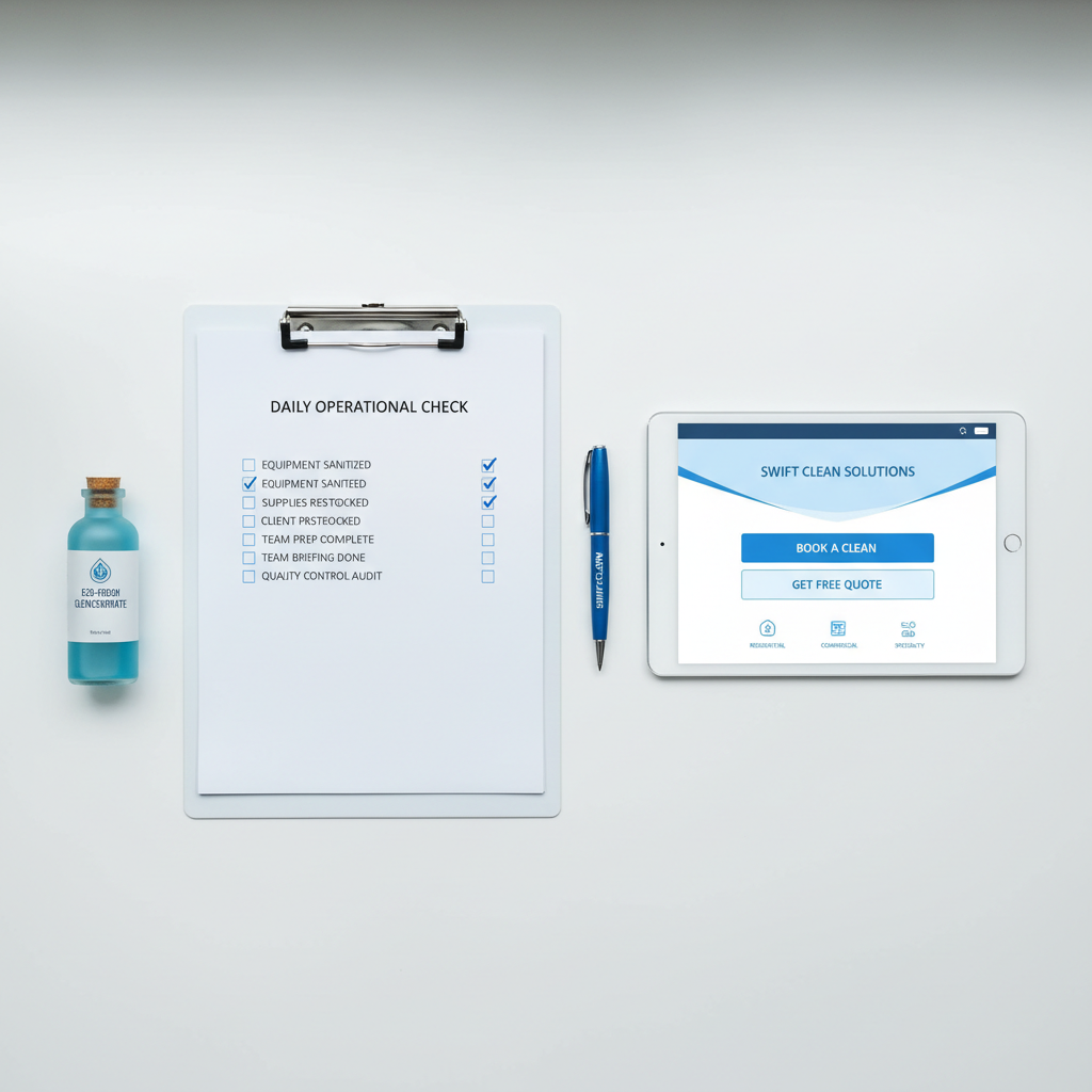 A photographic, top-down view of a checklist clipboard and tablet laid out on a flawlessly clean white desk in a commercial setting. The checklist features neatly printed task lines with many boxes ticked, and the tablet screen displays a simple, modern interface for booking cleaning services and requesting free quotes. A branded blue pen and a small, closed bottle of eco-friendly cleaning solution sit symmetrically nearby. Cool, diffused daylight from an unseen window creates soft, even lighting with almost no harsh shadows, emphasizing clarity and organization. The composition is minimalist with sharp focus across the frame, projecting efficiency, transparency, and reliability in professional cleaning service management and quoting.