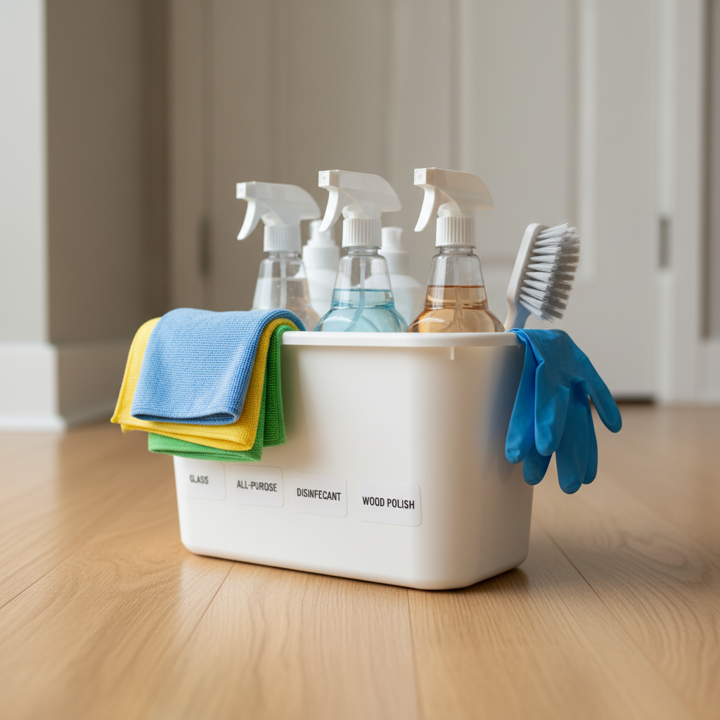 A detailed, photographic close-up of a professional cleaning caddy resting on a spotless, light oak floor. The sturdy white plastic caddy is neatly organized with color-coded microfiber cloths, labeled spray bottles filled with clear and lightly tinted solutions, a soft-bristle brush, and a pair of pristine blue nitrile gloves folded on the side. Soft daylight from a nearby window washes across the scene, creating gentle highlights on the bottles and subtle shadows beneath the caddy. Shot from a low, three-quarter angle with a shallow depth of field, the supplies are in razor-sharp focus while the background fades into a soft blur of a clean, neutral-toned interior. The mood is orderly, trustworthy, and professional, ideal for illustrating reliable cleaning tools and methods.
