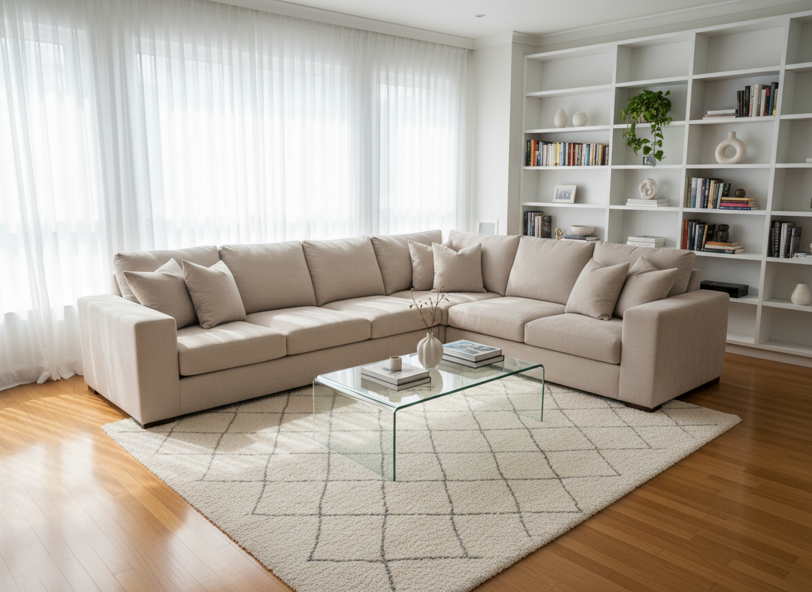 A bright, contemporary living room with a light beige sectional sofa, perfectly fluffed cushions, and a glass coffee table with not a single fingerprint or speck of dust. The hardwood floor is freshly mopped, catching soft afternoon light that filters through sheer white curtains, creating a gentle glow and subtle reflections. A neatly arranged bookshelf and a pristine white rug underscore the sense of order. Photographic realism from a slightly elevated corner angle showcases the entire space in clear, sharp detail. The mood is calm, inviting, and impeccably tidy, conveying the transformation of a home after expert residential cleaning.